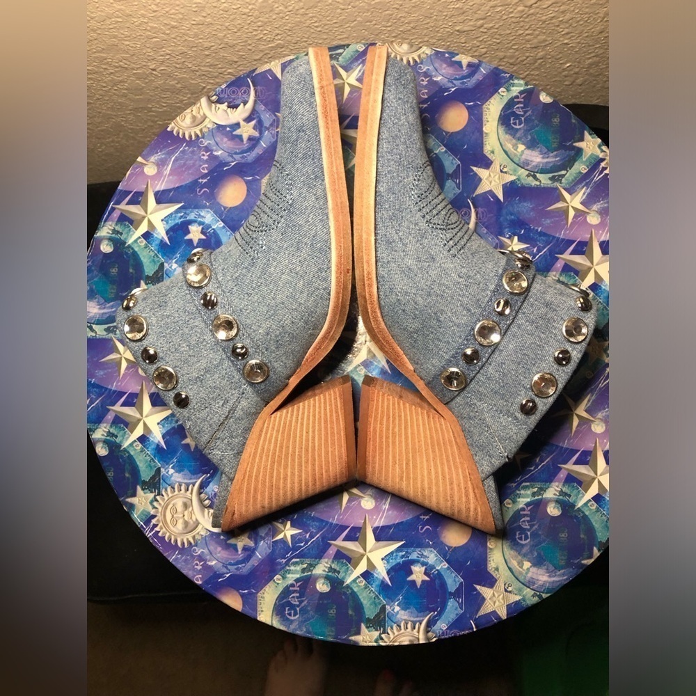 Embellished Denim Wedge Mules size 6.5 - Picture 10 of 15
